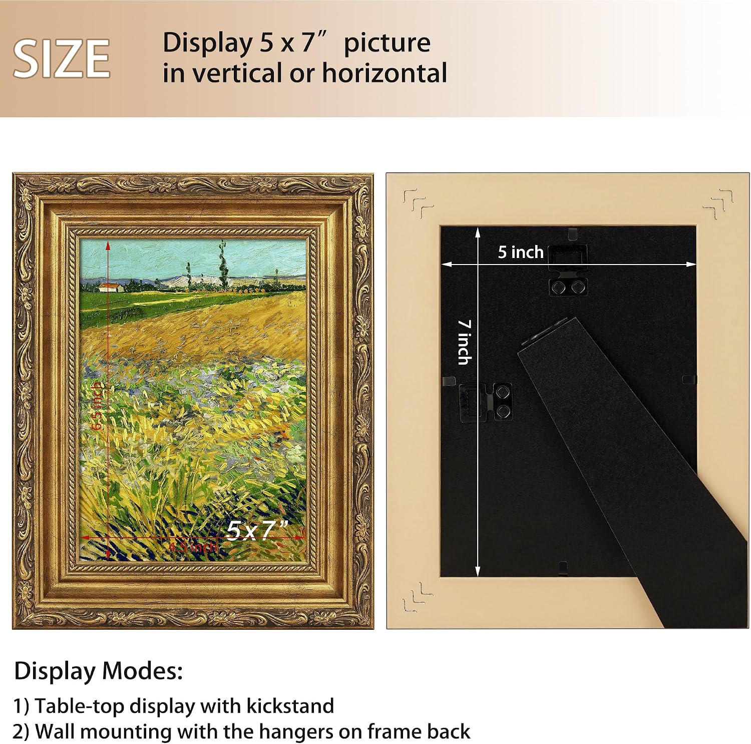 Antique Gold 5x7 Picture Frame, Ornate Embossing 5 x 7 Frame with Tempered Real Glass, Tabletop or Wall Mounting Display for Art Prints or Pictures, 2 Pack